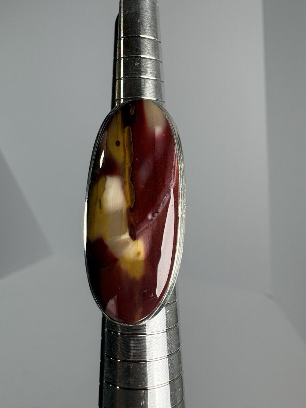 925 Sterling Silver Mookaite Jasper Long Oval Ring Size 5 Red Yellow Statement